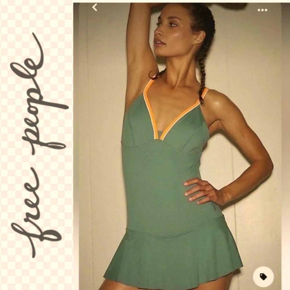 Free People Green Mini Romper with Orange Trim
